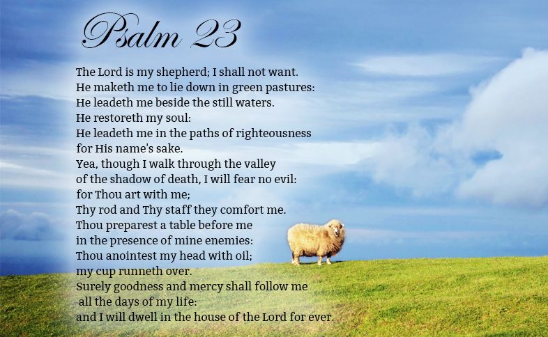 Psalm 23: The Lord is my shepherd; I shall not want. He maketh me to lie down in green pastures: He leadeth me beside the still waters. He restoreth my soul: He leadeth me in the paths of righteousness for His name's sake. Yea, though I walk through the valley of the shadow of death, I will fear no evil: for Thou art with me; Thy rod and Thy staff they comfort me. Thou preparest a table before me in the presence of mine enemies: Thou anointest my head with oil; my cup runneth over....