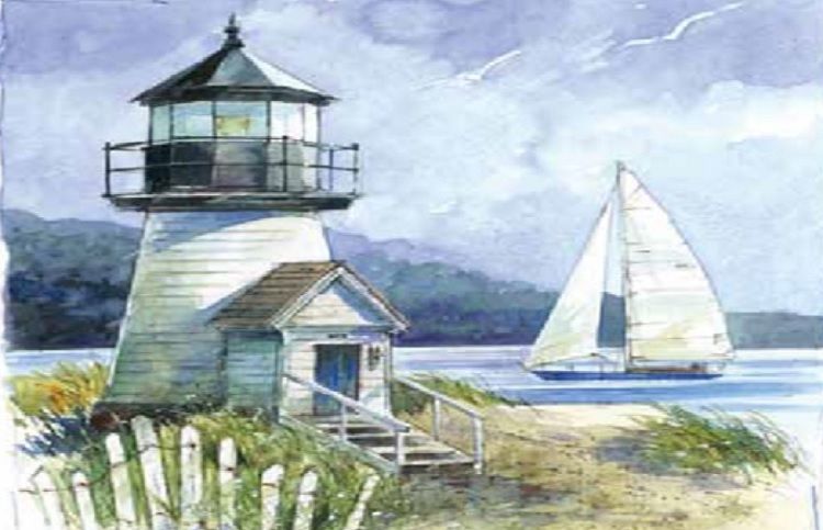 A sailboat and lighthouse illutration from a Someone Cares card