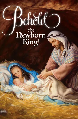 The cover of a Someone Cares Christmas card, depicting Joseph gazing down at Mary and the Christ Child