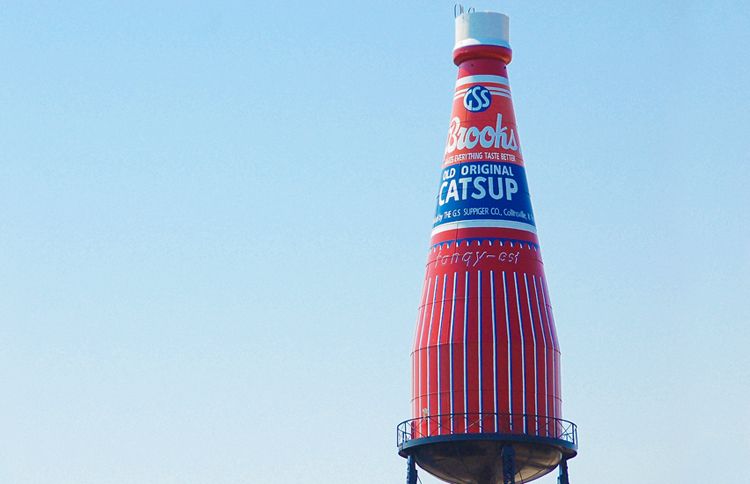 Guideposts: A water tower painted to resemble a catsup bottle in Collinsville, Illinois