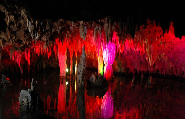 Guideposts: Colored lights illuminate the rock formations of Meramec Caverns in Stanton, Missouri