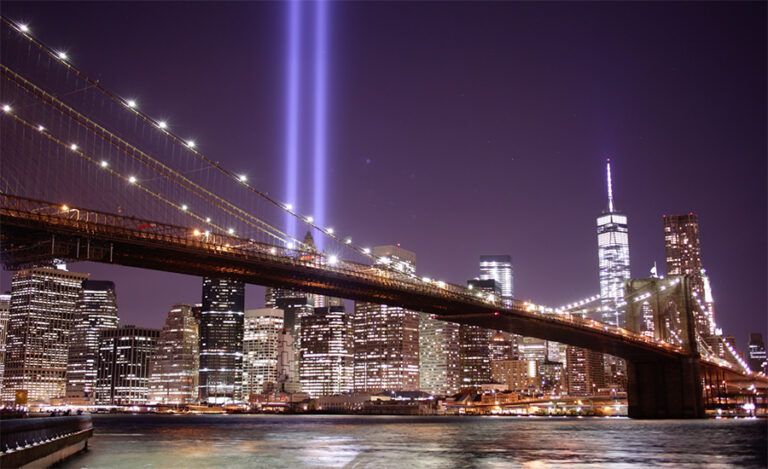 Beams of light shine upward into the NYC sky in remembrance of those lost on 9/11