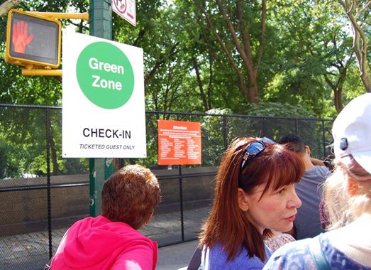 Guideposts: A sign for people in  the line to see Pope Francis in Central Park, New York City