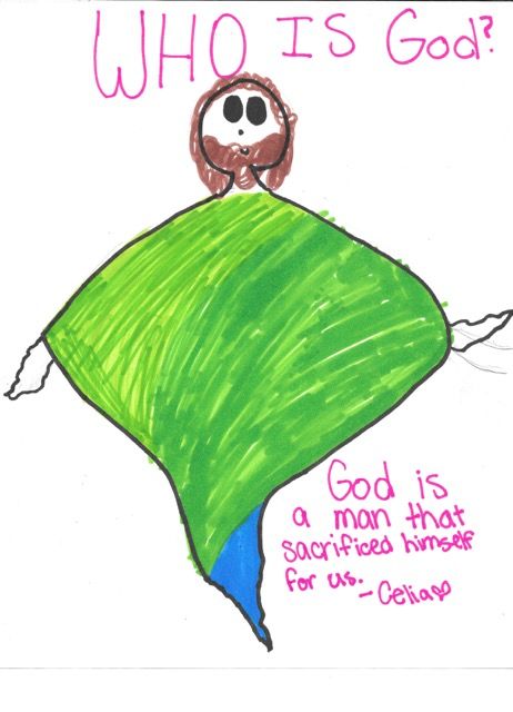 "God is a man who sacrificed himself for us," says one child in her drawing from the new book, OMG! How Children See God.