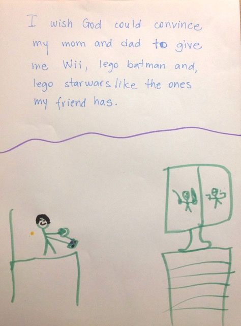 One kid wants what his friend has in this drawing about God from the new book, OMG! How Children See God.