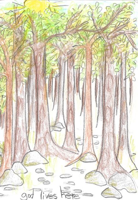 A lovely drawing of a forest by one kid on where God lives, from the new book, OMG! How Children See God.