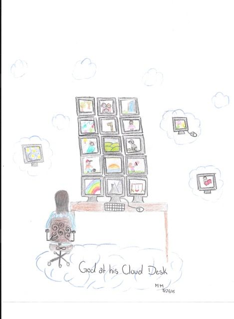 God at his cloud desk in this drawing about God from the new book, OMG! How Children See God.