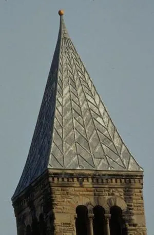 A pumpkin mysteriously appeared on top of McGraw Tower of Cornell University in 1997. Photo from Cornell University Alumni Twitter feed.