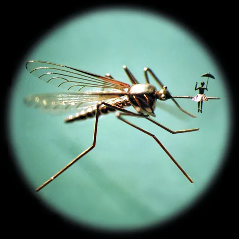 Guideposts: A life-size gold mosquito and an even tinier friend.