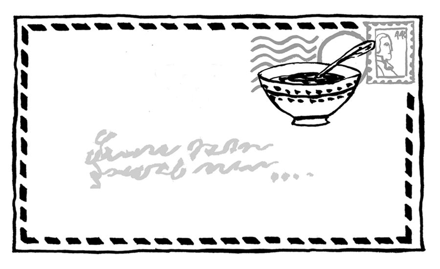 Guideposts: An artist's rendering of a letter with a bowl of soup as a postmark