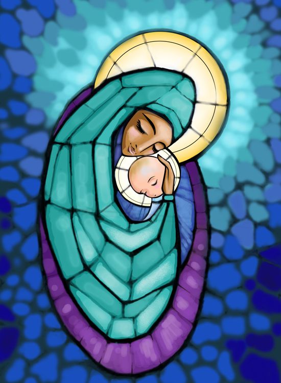 Stained glass image of Virgin Mary holding Baby Jesus