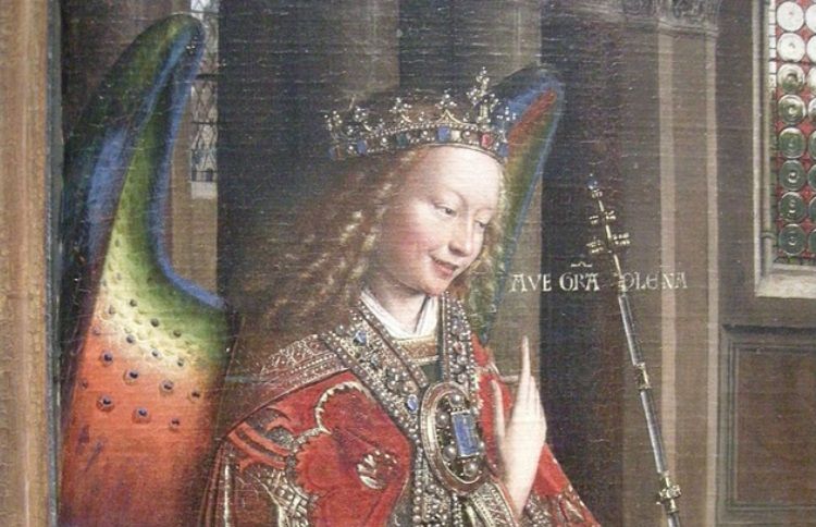 Jan van Eyck's depection of Archangel Gabriel in a deacon's vestments, and multi-colored wings above.