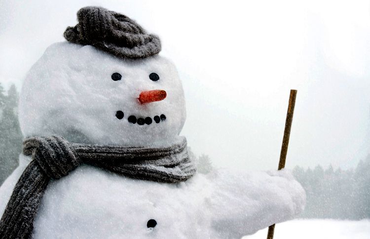Guideposts: A snowman with a carrot for a nose and wearing a scarf and cap