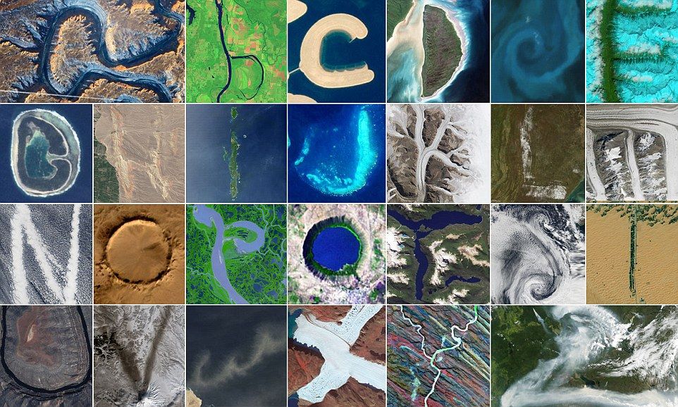 Images taken of Earth from space by NASA depicting letters of the alphpabet. Photos courtesy NASA Earth Observatory.