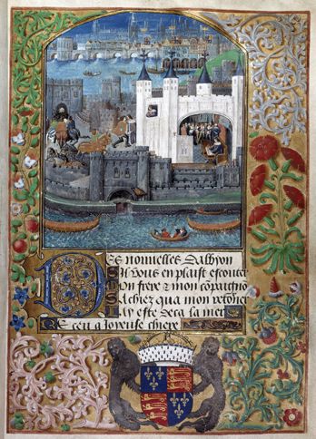 Guideposts: A depiction of Charles' imprisonment in the Tower of London from an illuminated manuscript of his poems