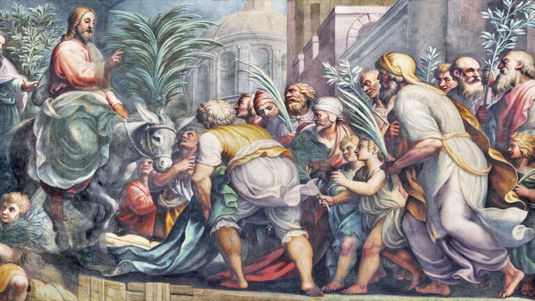 The fresco of Entry of Jesus in Jerusalem from the Easter story in Duomo by Lattanzio Gambara
