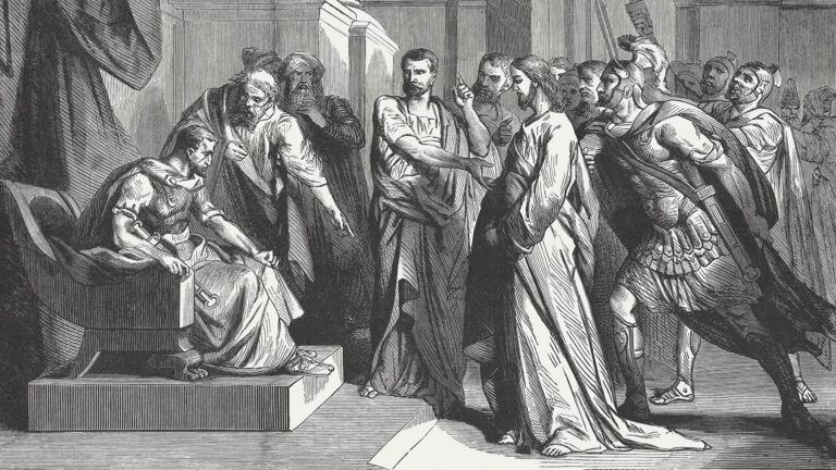 Wood engraving of Jesus before Pilate in the Easter story