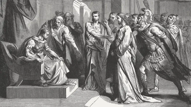 Wood engraving of Jesus before Pilate in the Easter story