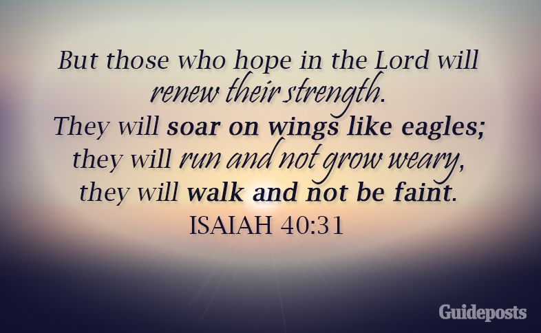 But those who hope in the Lord will renew their strength. They will soar on wings like eagles; they will run and not grow weary, they will walk and not be faint. Isaiah 40: 31