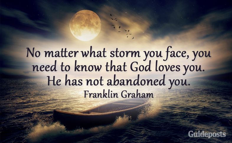 A boat on a stormy sea under the moon with a God's love quote