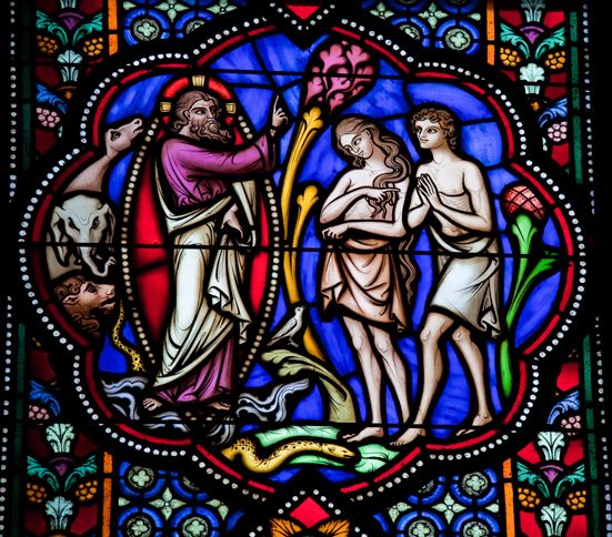 Guideposts: A stained glass depicting Adam and Eve being banished from the Garden of Eden
