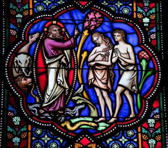 Guideposts: A stained glass depicting Adam and Eve being banished from the Garden of Eden