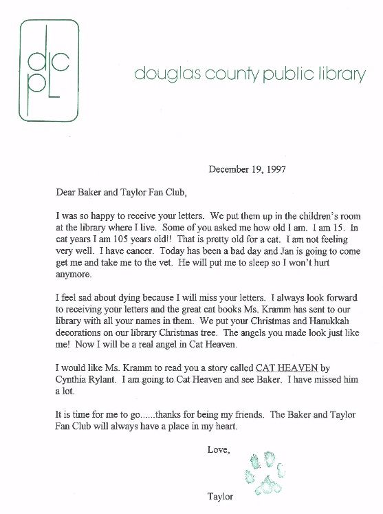 Baker and Taylor fan club thank you letter