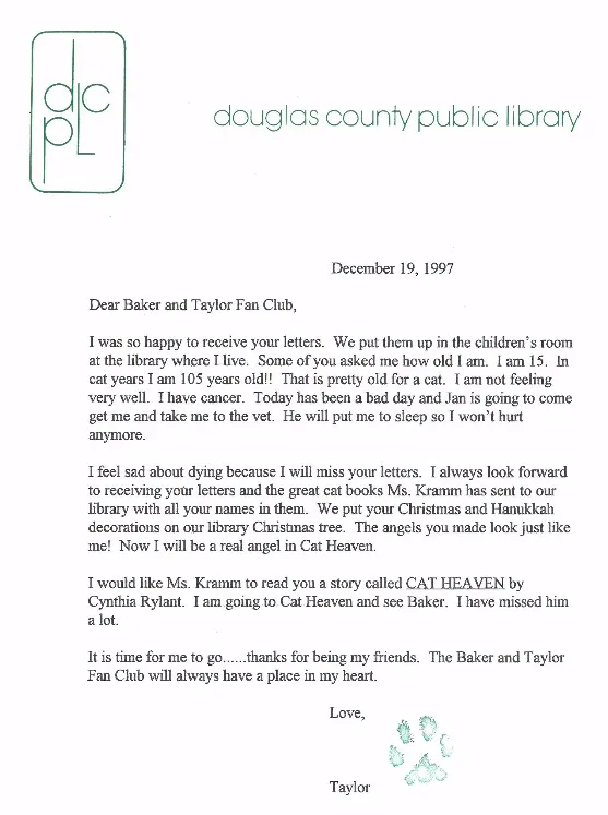 Baker and Taylor fan club thank you letter