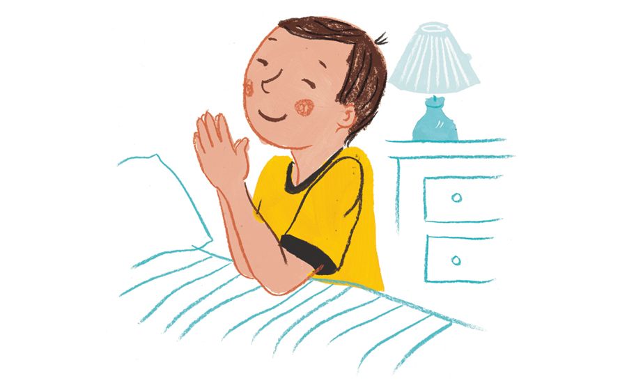 An artist's rendering of a small boy kneeling in prayer at his bedside