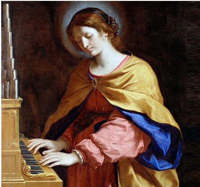Saint Cecilia playing the piano as a female saint