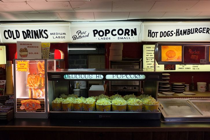 A drive-in concession stand tempts patrons with a wide variety of tasty treats.