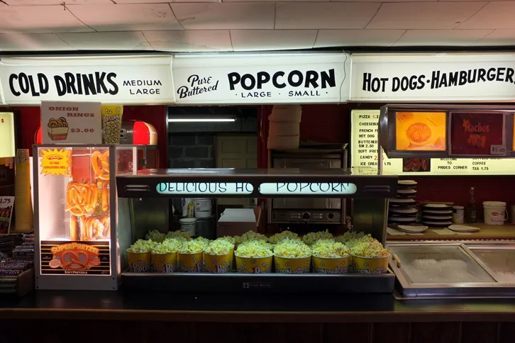 A drive-in concession stand tempts patrons with a wide variety of tasty treats.