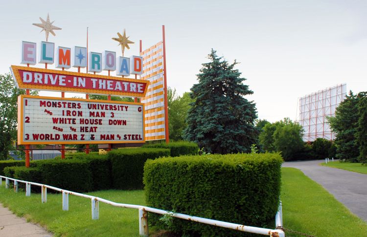 The Elm Road Drive-in beckons from the side of the road.