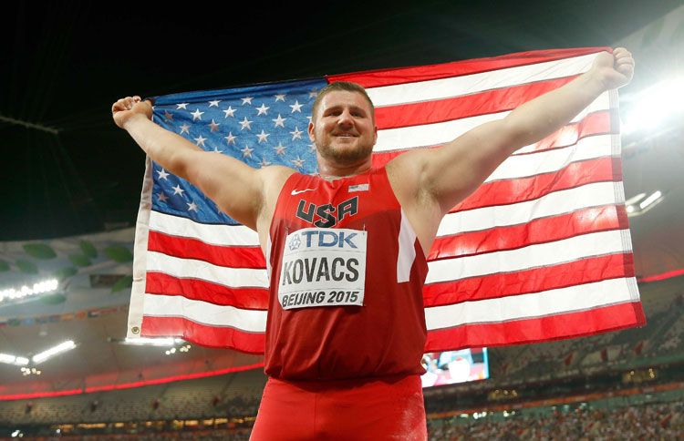Joe celebrates after winning gold in the Men's Shot Put in the 15th IAAF World Athletics Championships at Beijing National Stadium on August 23, 2015.