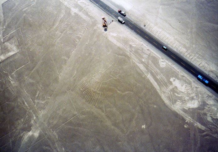 Two examples of the Nazca lines, mysterious giant drawings of animals and other figures etched into the earth in ancient times.