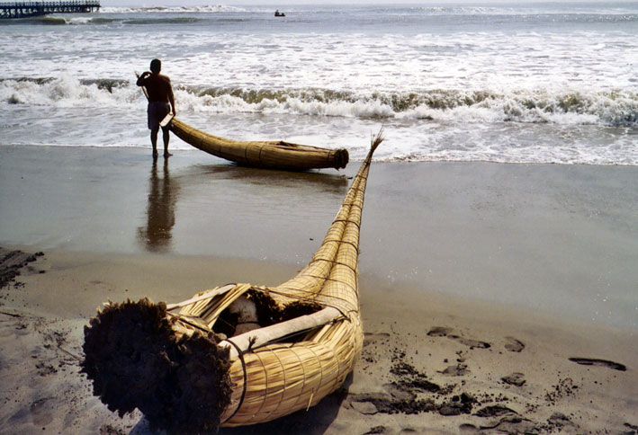 Reed fishing boats on the beach near Trujillo, on the Pacific coast