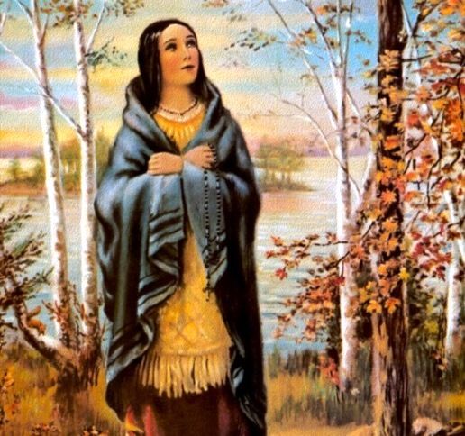 Kateria Tekakwitha in the woods is a woman saint