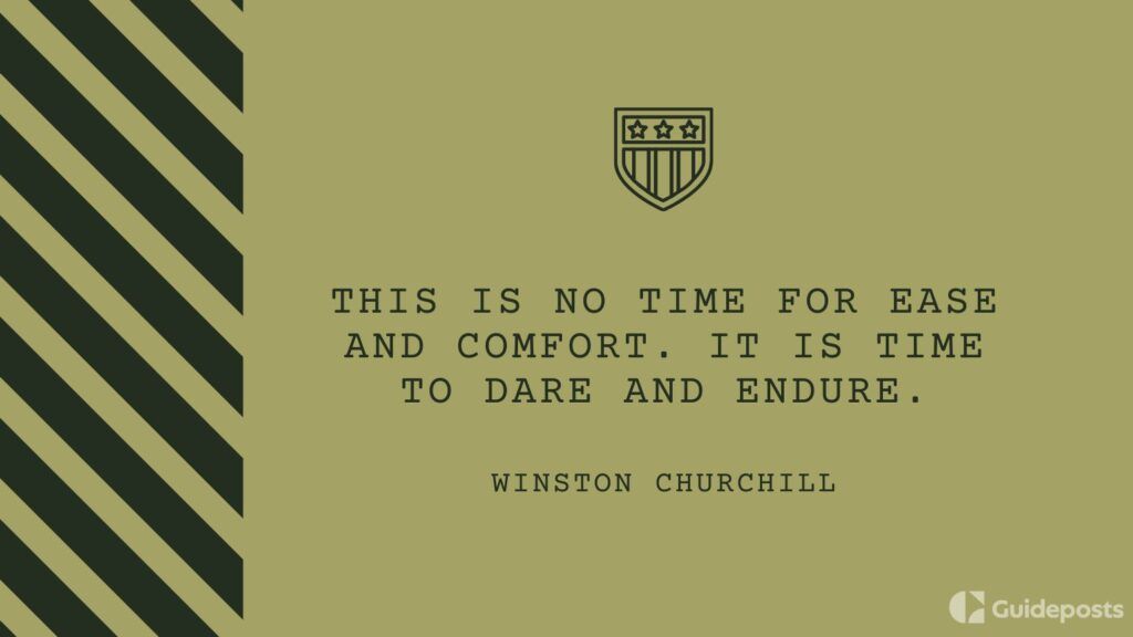 A green and black stripe graphic with a veterans day quote by Winston Churchill