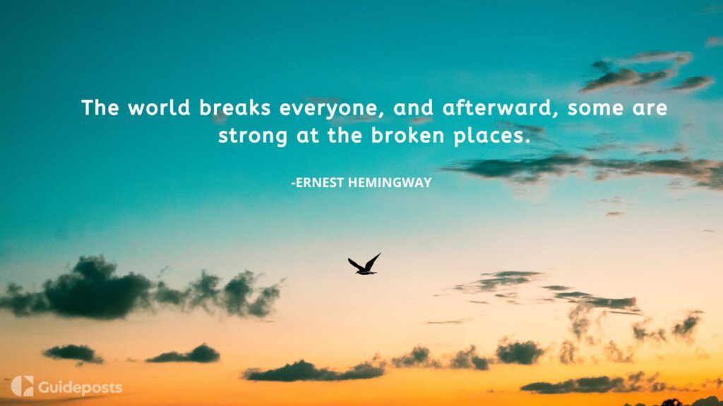 A bird flying through the sky at sunset with a veterans day quote by Ernest Hemingway