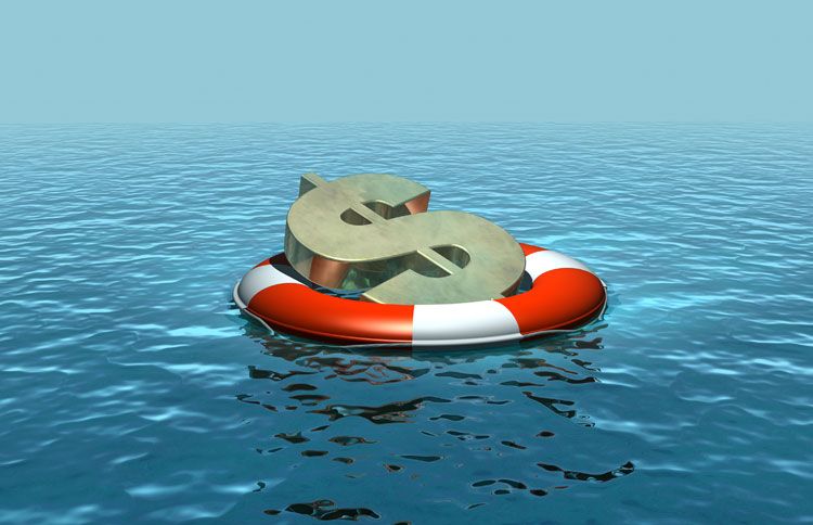 An oversized green dollar sign floats on a life preserver on the open ocean