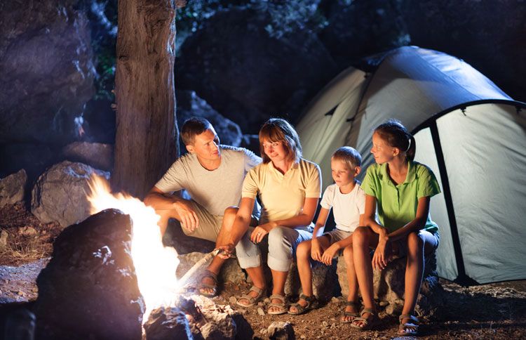 A family toasts marshmallows around a roaring campfire.