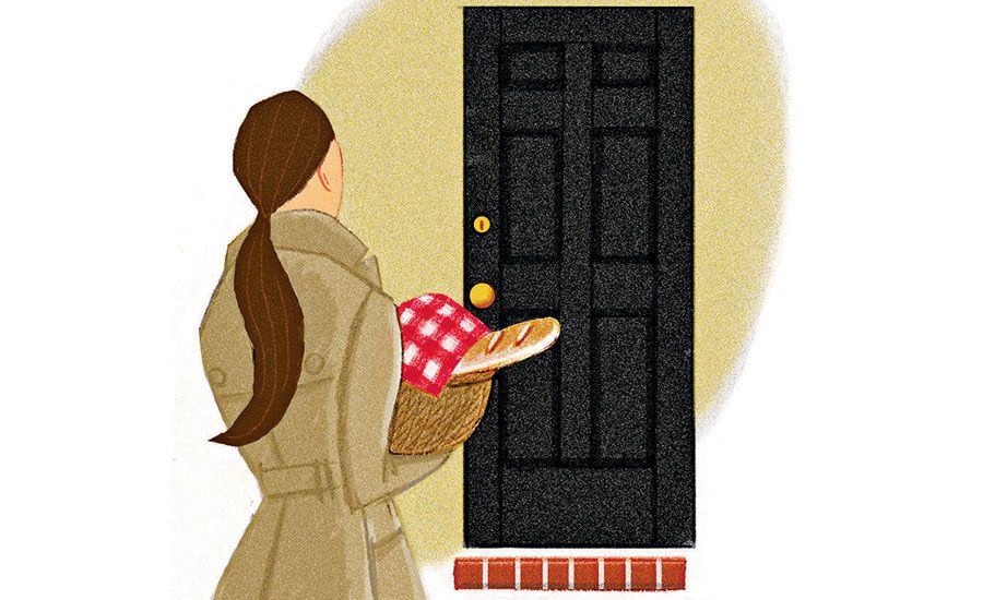 An artist's rendering of a woman arriving at a friend's house with a basket of gifts
