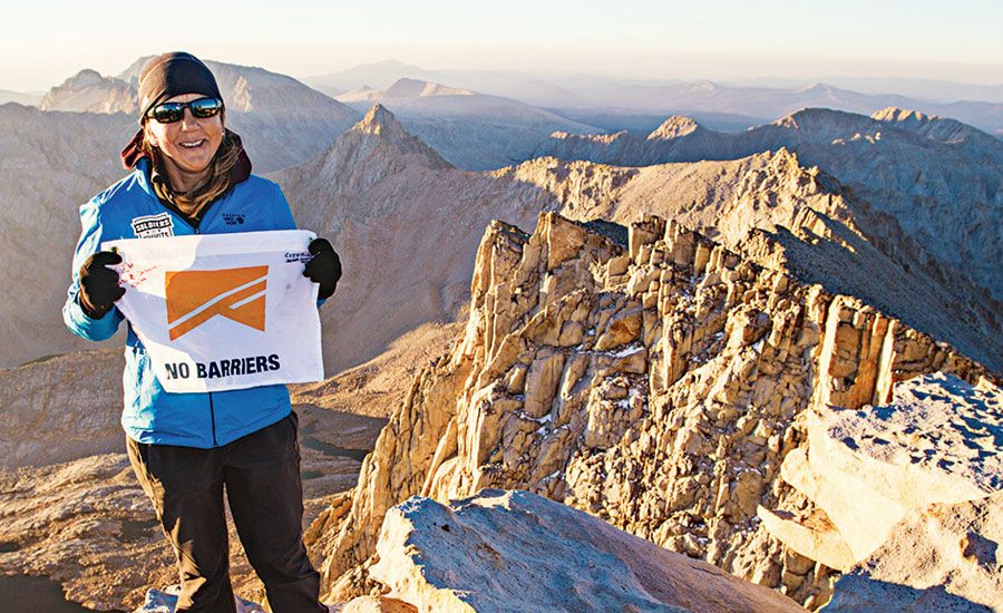 Adele (on Mount Whitney’s summit) likes the No Barriers motto: What’s within you is stronger than what’s in your way.