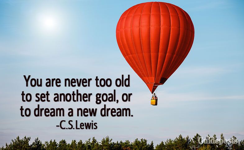 A hot air balloon in the sky with C.S. Lewis quotes