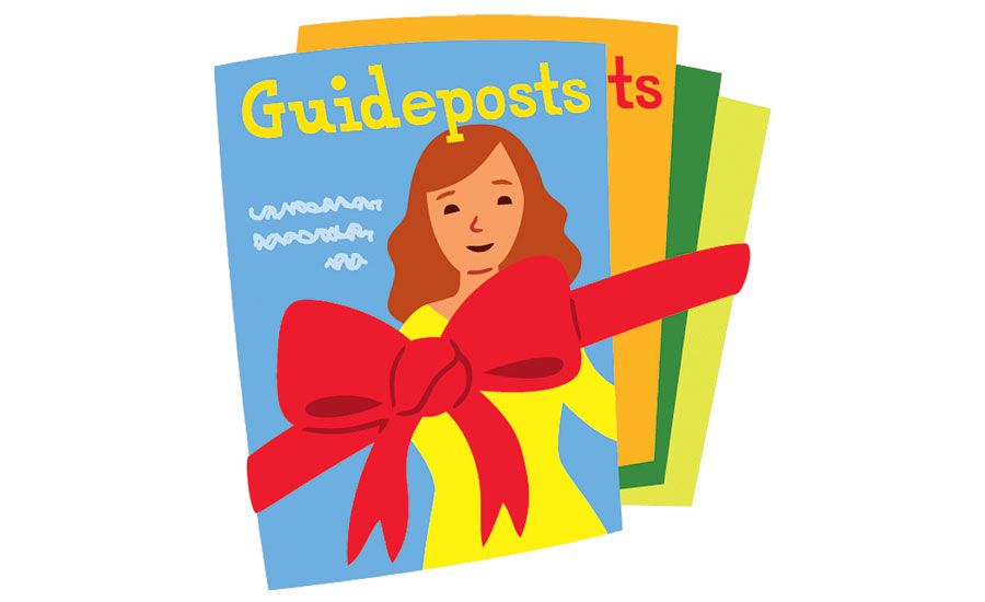 An artist's rendering of a stack of Guideposts, tied with a gift bow