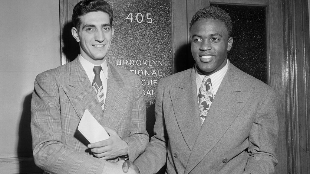 Ralph Branca (left) with Jackie Robinson