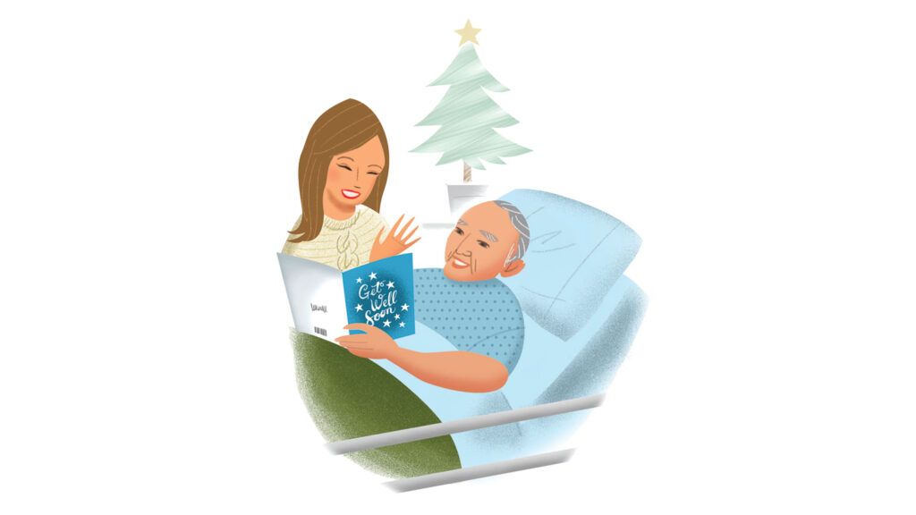 An artist's rendering of a woman paying a bedside visit to a veteran at Christmas