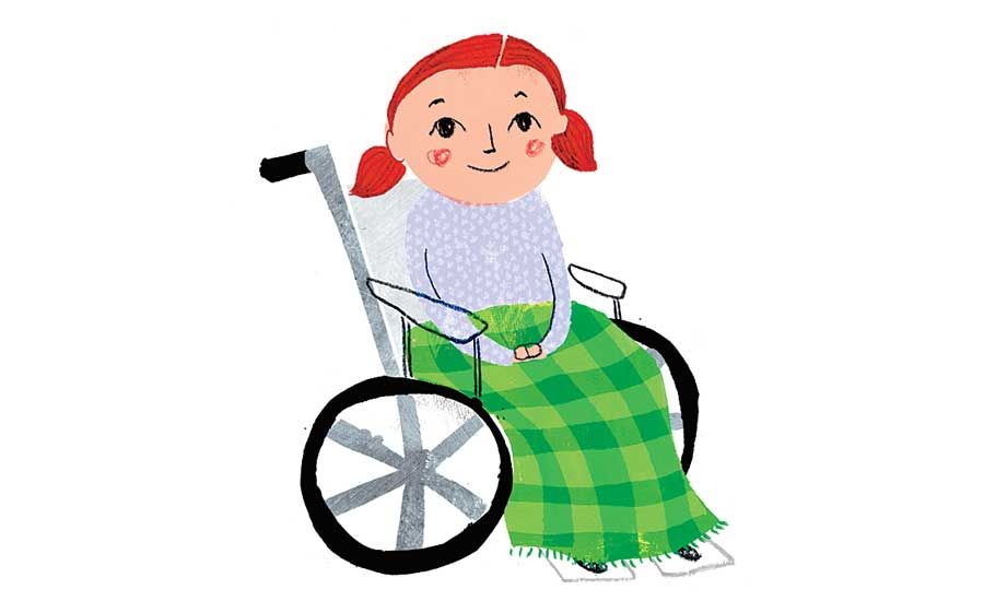 An artist's rendering of a little girl in a wheelchair, with a comfy blanket covering her lap and legs
