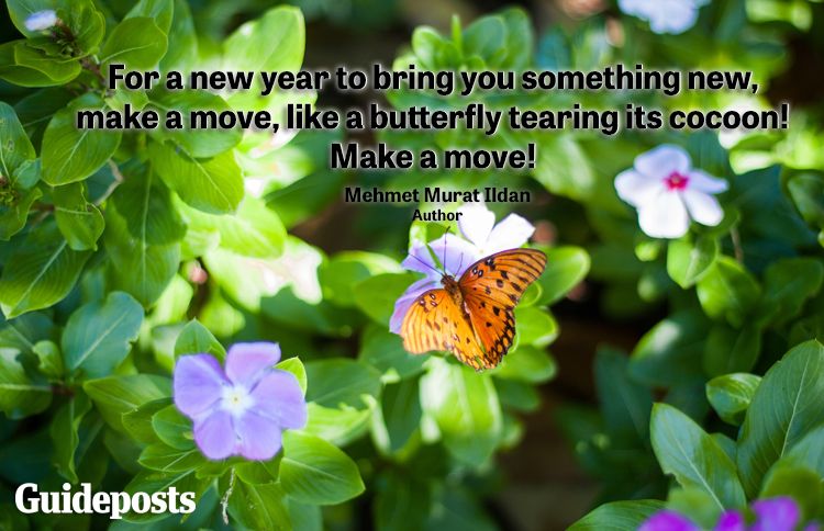 Monarch butterfly on a purple flower with new year quote about change
