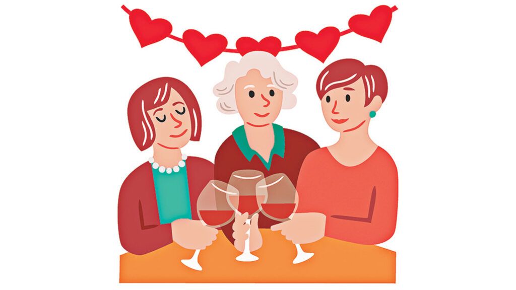 An artist's rendering of three women sharing a Valentine's Day lunch